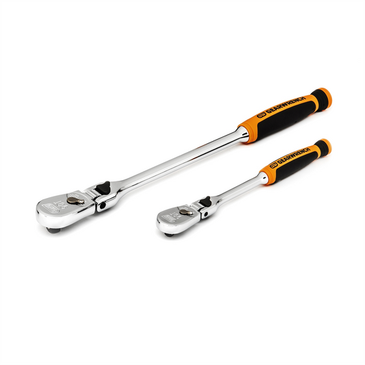 GearWrench 2 Piece 1/4 Inch & 3/8 Inch Drive 90-Tooth Dual Material Locking Flex Head Teardrop Ratchet Set